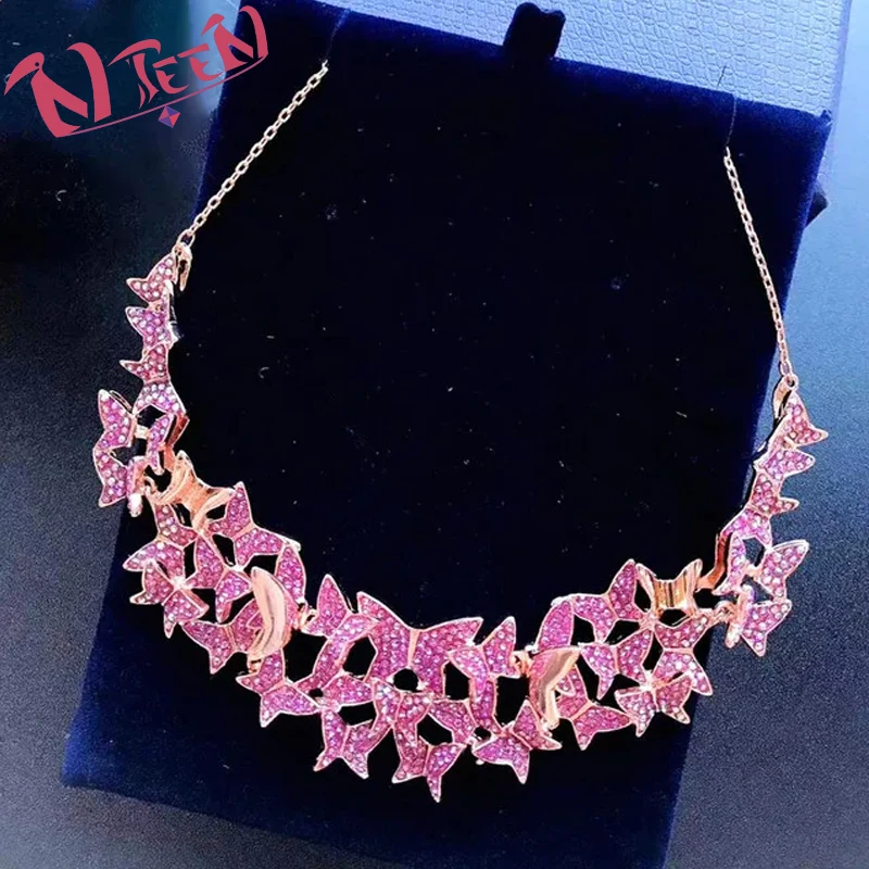 Trend Fine Jewelry Set Charm Butterfly Pink Crystal Fashion Necklace Bracelet Earrings for Women Party Gifts