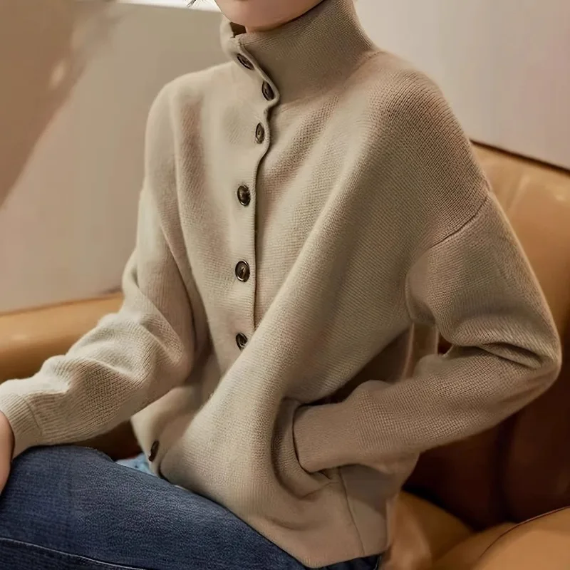 Autumn and Winter Women's Versatile Solid Color Casual Single Breasted Stand Up Collar Long Sleeved Knitted Cardigan for Women