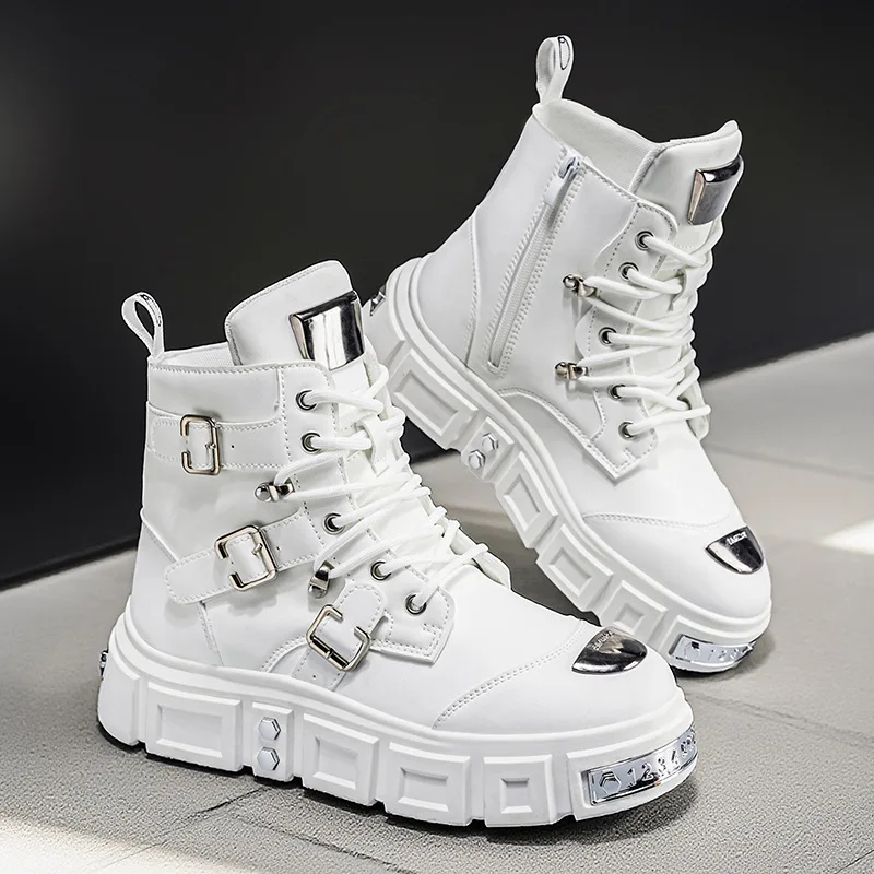 Men High-top Boots Fashion Motorcycle Boots High Quality Leather Casual Boots Lace Up Platform Boot Large Size39-47 Botas Hombre