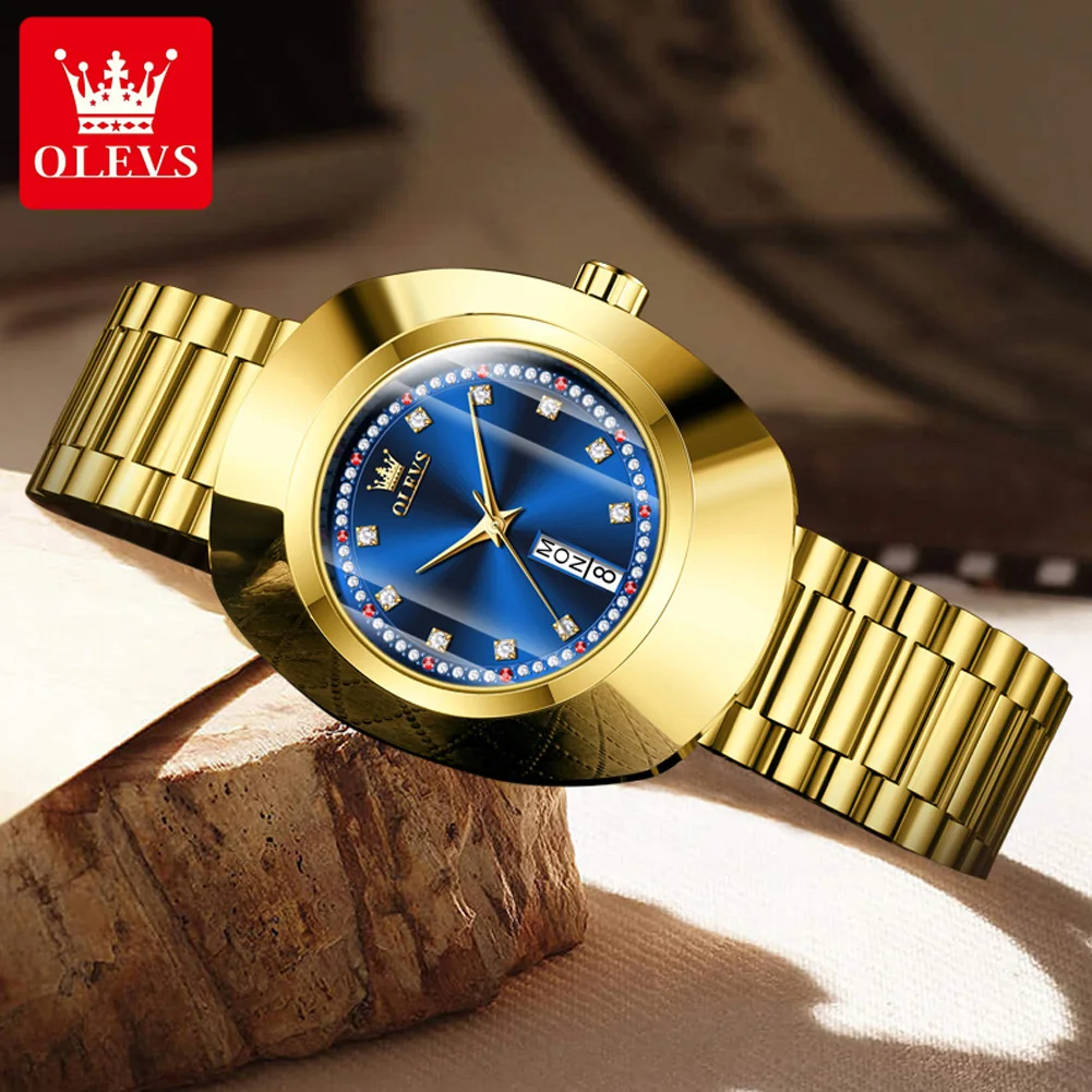 OLEVS Luxury Gold Watch for Women Diamond Lap Dual Calendar Waterproof Ladies Dress Wristwatch Top Brand Original Quartz Watch