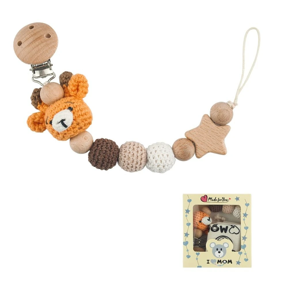 Children Soother Holder Wood Crochet Animal Pacifier Clips Baby Pacifier Chain Pacifier Holder Clips Baby Teether Toys Straps
