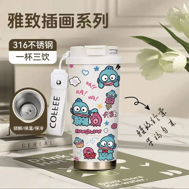 Sweet Hangyodon Anime Kawaii Sanrio Ins Students Large Capacity Coffee Water Cup Cute Cartoon Thermos Cup Gifts for Kids