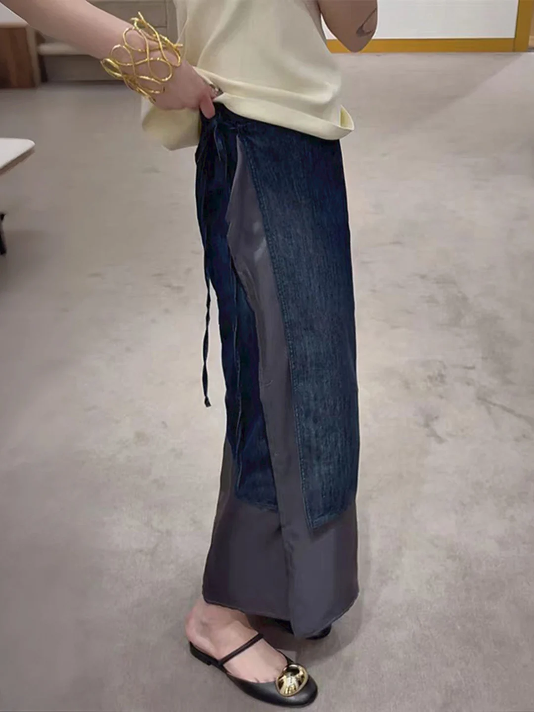 

Denim Patchwork Belted Casual Long f-length Skirt Women's Mid-waist Loose Fit French Sle Faion Autumn Winter