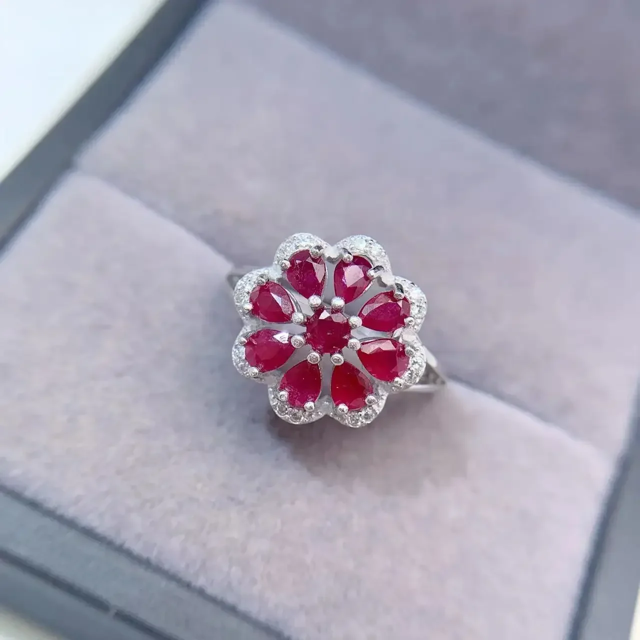 Nnatural Ruby Jewelry Gift for Woman Natural Ruby 9 pieces 3mm*4mm 925 Silver9 Ring for Office Woman 3 Layers 18K Gold Plating