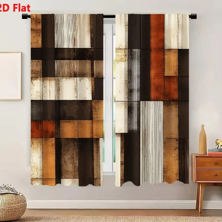 2Pcs Curtains 2D Flat Abstract Geometric Wall Paneling In Earthy Tones With Textured Rectangular Blocks And Modern Architectural