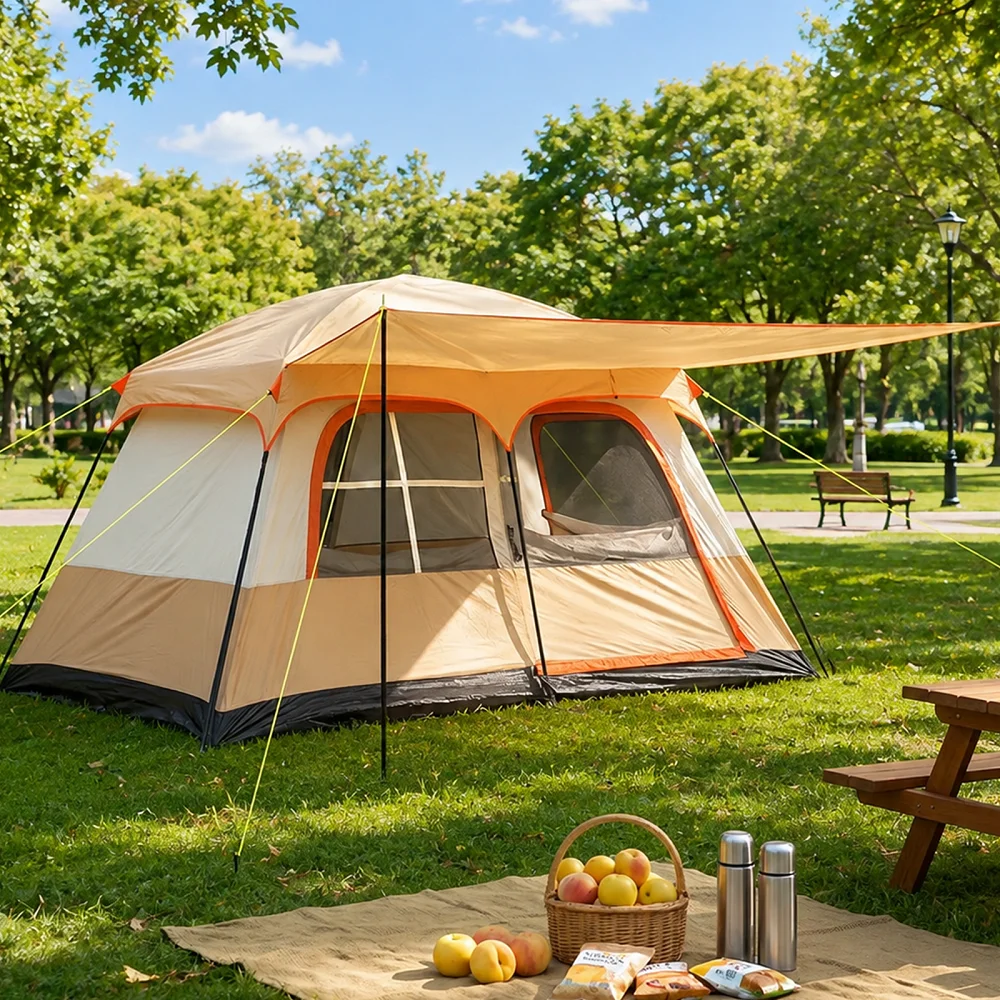 Tente de camping familiale pour 3-4 personnes, tente extérieure imperméable avec auvent extensible, grande tente cabane portable pour la randonnée, le pique-nique et les voyages