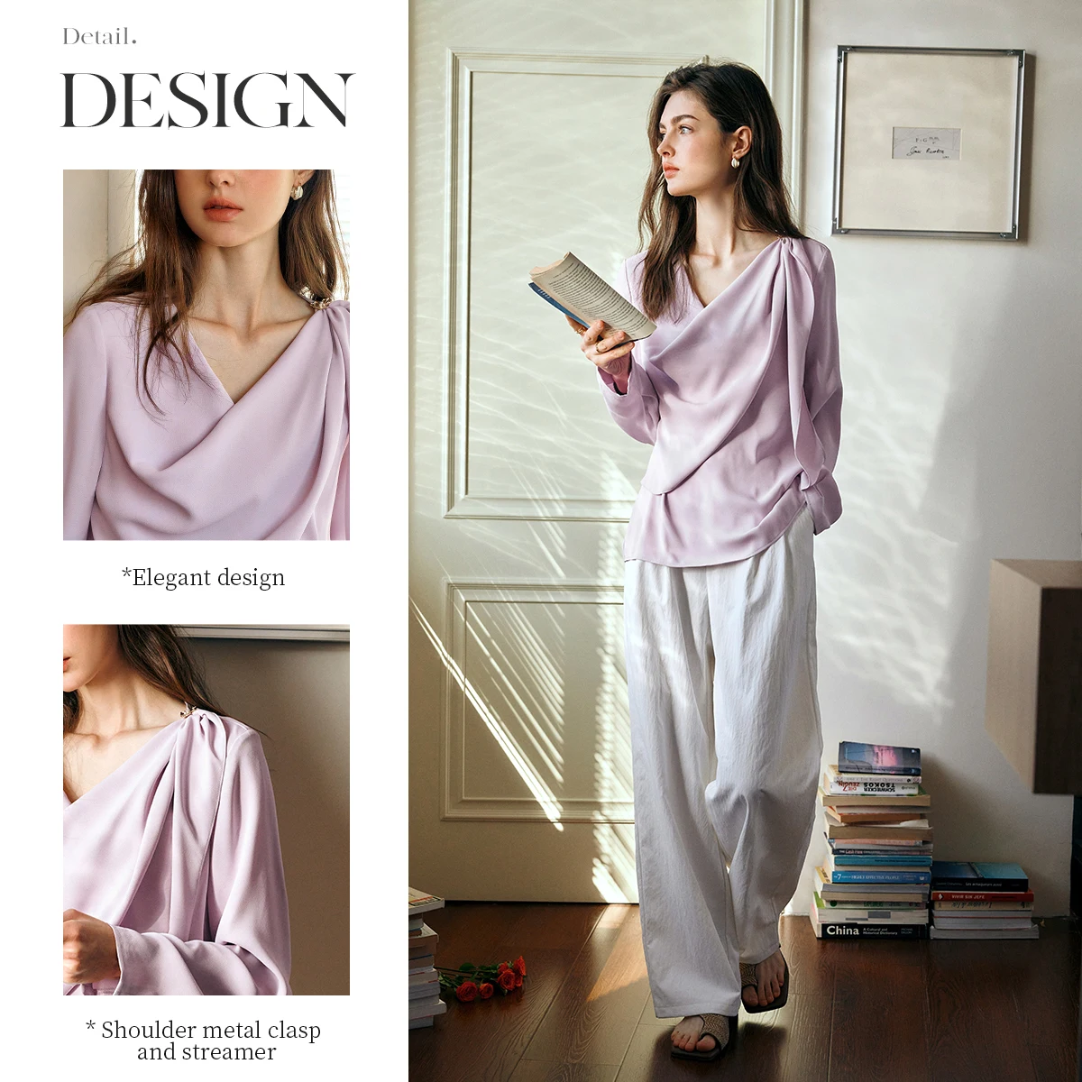 

OLrain Women's French Blouse Solid Purple Draped Neckline Flowing Tie Shirt 2026 Elegant Metal Shoulder Buttons Tops N57CX96283