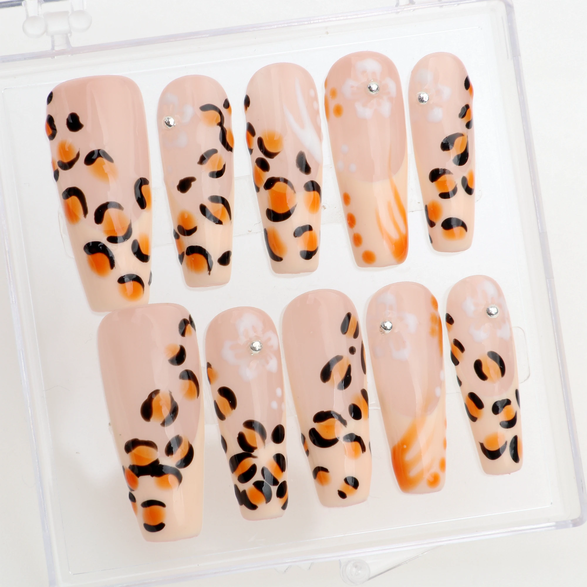 

10Pcs Handmade Manicure Long Coffin Fake Nails Unique 3D New Leopard print Press On Nails Design with Adhesive Nail File Set