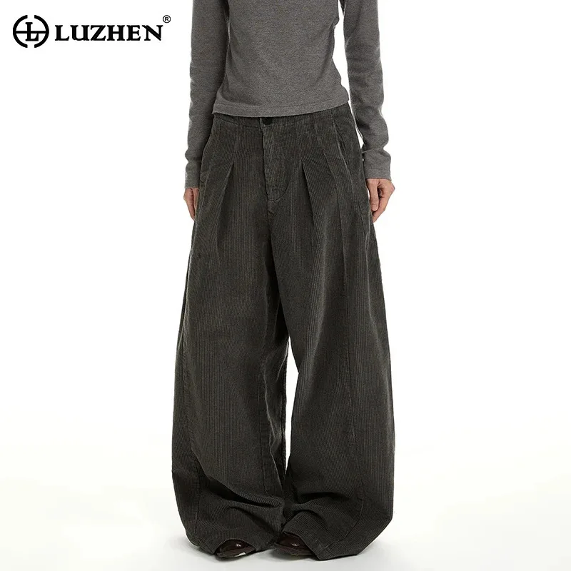 

LUZHEN 2026 Pleated Design Solid Color Baggy Straight Trousers Men's Stylish Handsome High Quality Corduroy Casual Pants JY6097