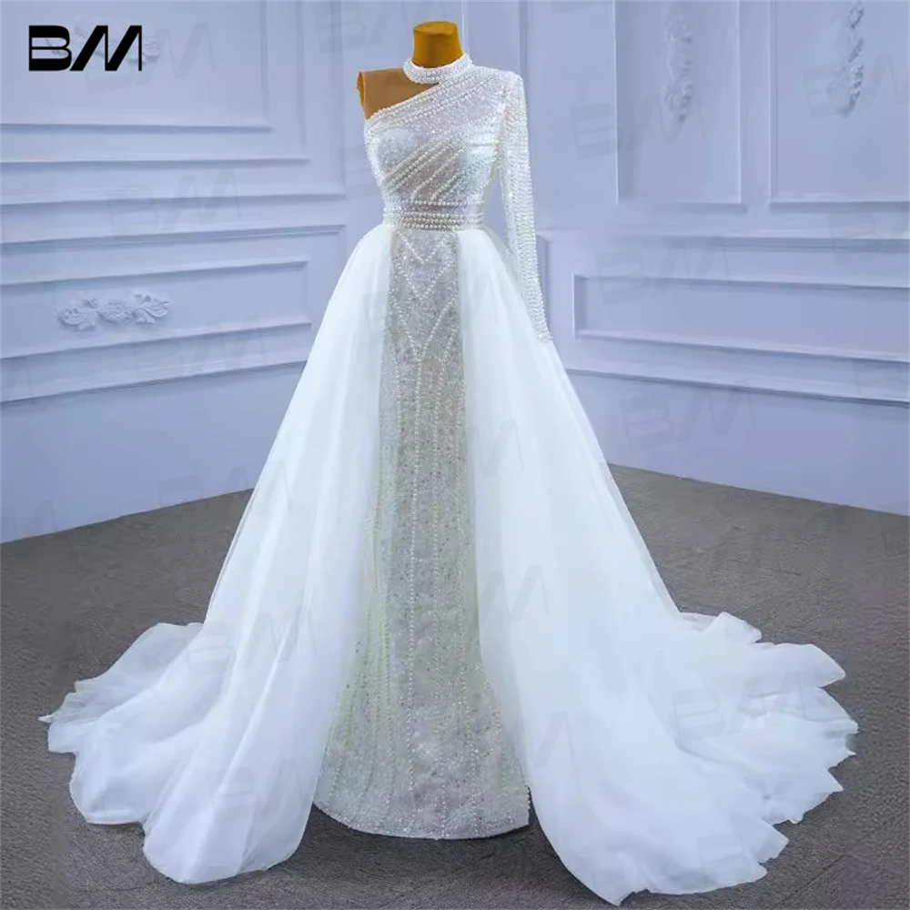 

Luxury Beaded Wedding Dresses for Women 2025, One Shoulder Long Bride Dress Customized 2in1 Bridal Gown Detachable Train