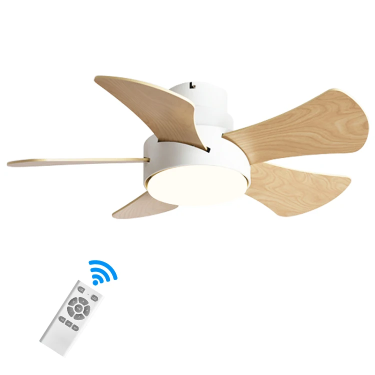 Modern Simple Design DC Motor Glass Body 5-Speed Remote Control Wooden Blades Lower Noise Led Ceiling Fan Light for Living Room