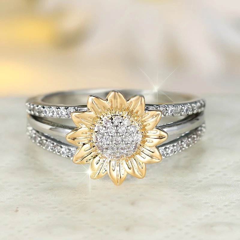 Huitan Two Tone Sunflower Ring for Women Paved Sparkling Cubic Zirconia Exquisite Flower Rings Wedding Party New Fashion Jewelry