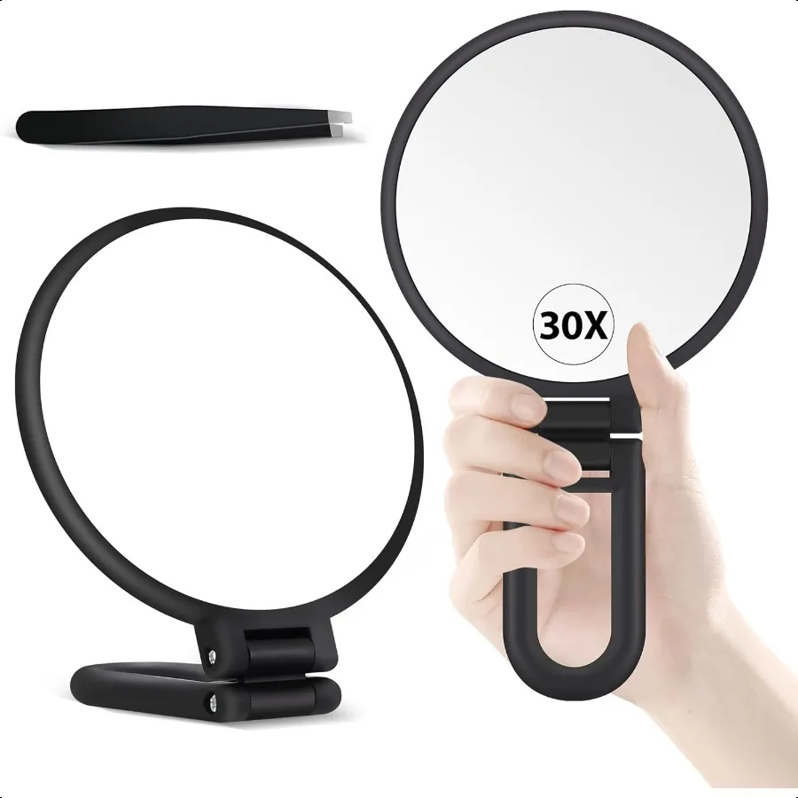 

30X Magnifying Mirror Hand Mirror with Handle Double Sided Hand Mirror with 30X 1X Magnification Travel Essential Portable Fold