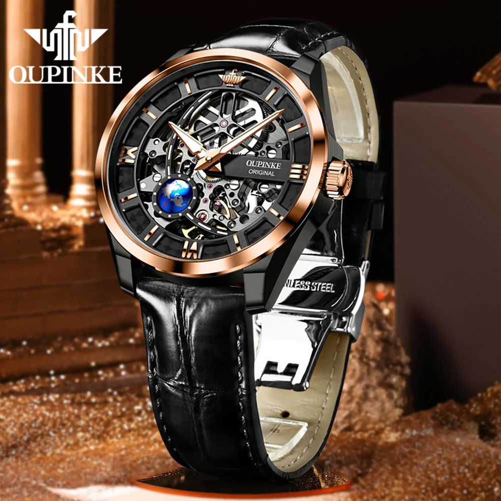 OUPINKE 3268 Original Mechanical Watch for Men Unique Rotation Globe Seconds Hands Design High-end Brand Automatic Men's Watches