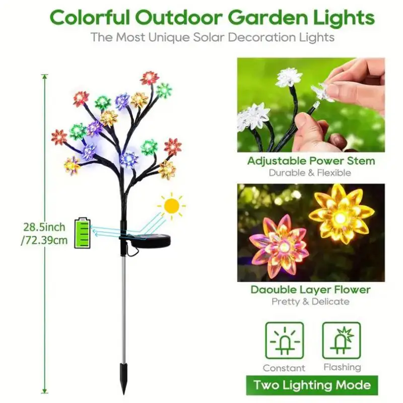 20 LED Solar Cherry Blossom Lotus Lights for Lawn Garden Outdoor Pathway Waterproof Yard Decorative Flower Lamp