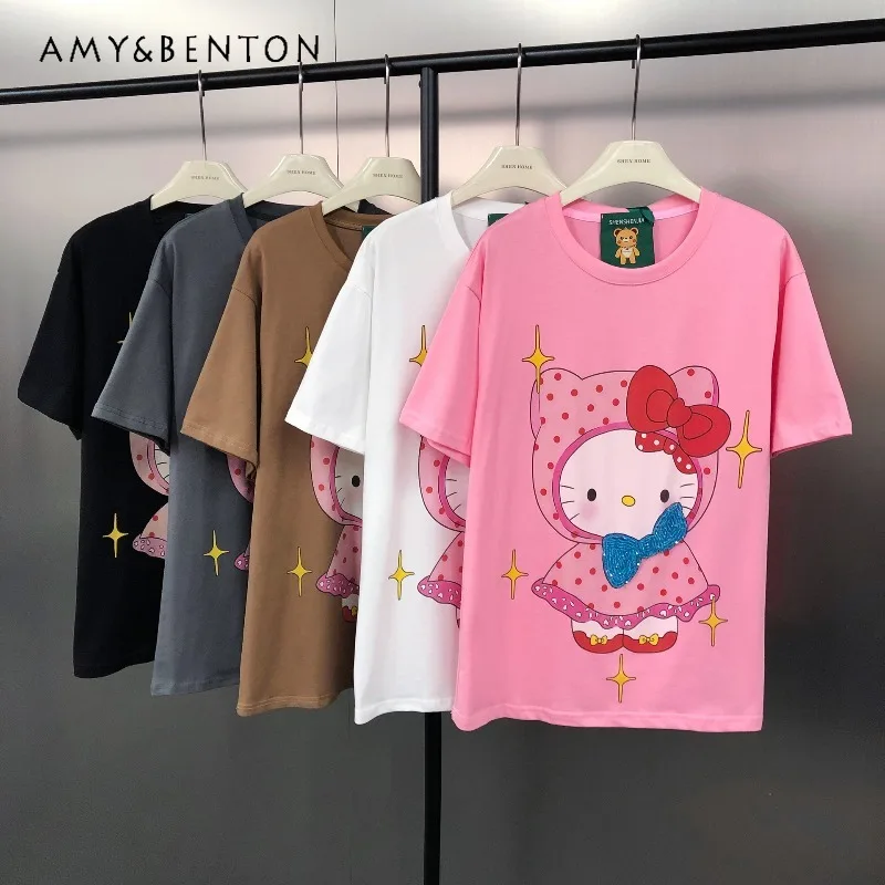 

Sweet Girl Youthful Pure Cotton Loose Heavy Beaded Cartoon Print O-Neck Top Fashion Short Sleeved Tshirt Women's Y2k Kawaii Tees