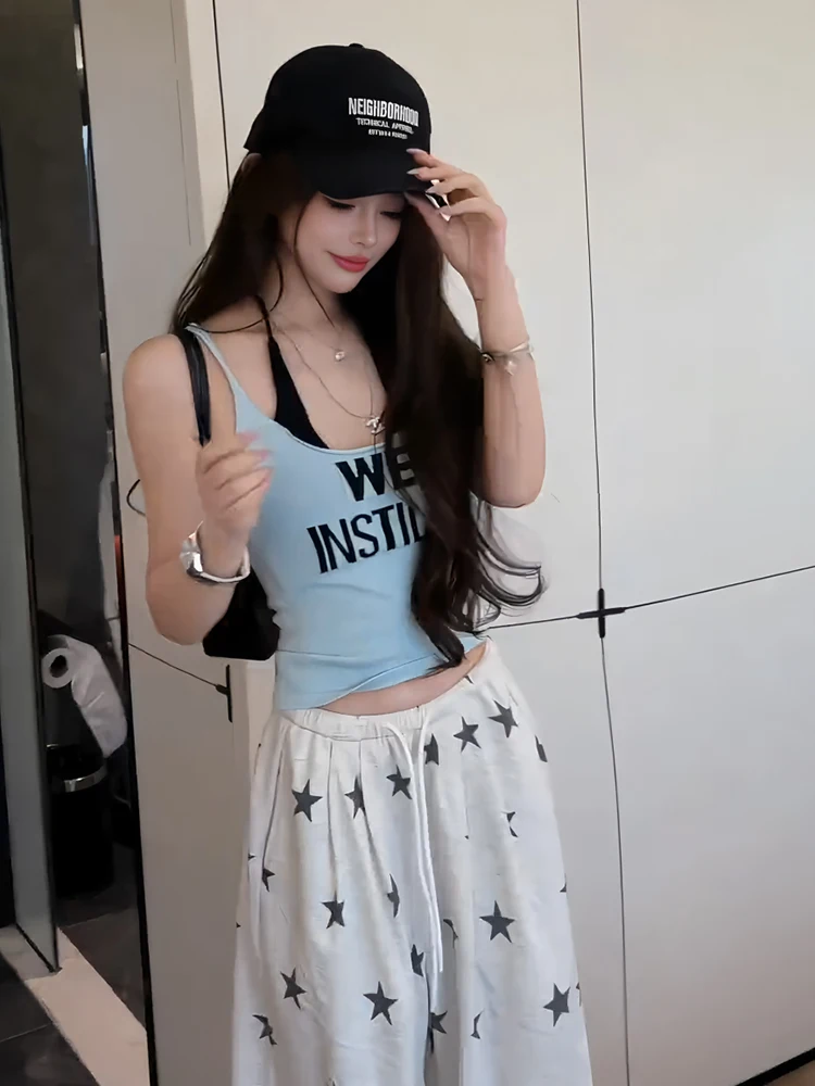 American Style Hot Girl Color Block Letter Print Halter Top Women's Summer Slim Fit Short Base Shirt Upper Apparel