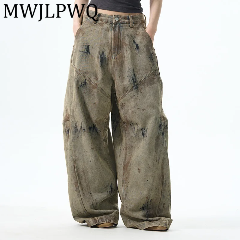 

MWJLPWQ graffiti Spliced Design Wide Leg Jeans Men's High Street Distress Washed Loose Straight Leg Pants 2025 Autumn New 11861