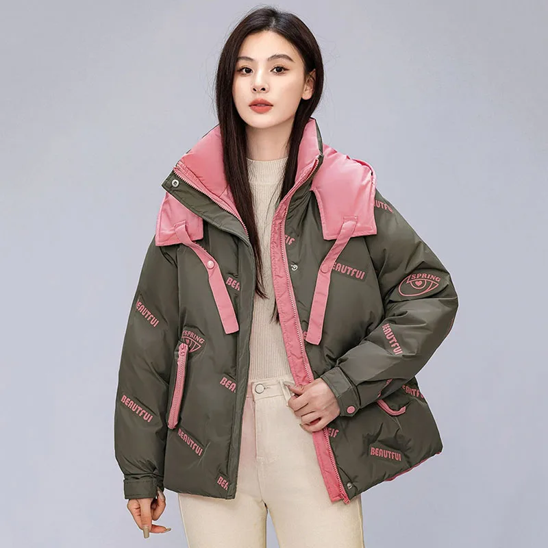 2024 New Winter Printed letters Down Cotton Padded Jacket Women Loose Warm Thicken Bread Coat Hooded  Jacket Women Parkas Tops