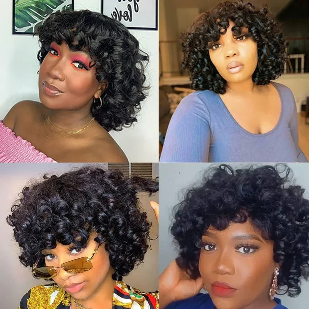 Big Curly Bob Wigs with Bangs Short Rose Curly Brazilian Virgin Human Hair Wig For Women Glueless Bouncy Curly Human Hair Wigs