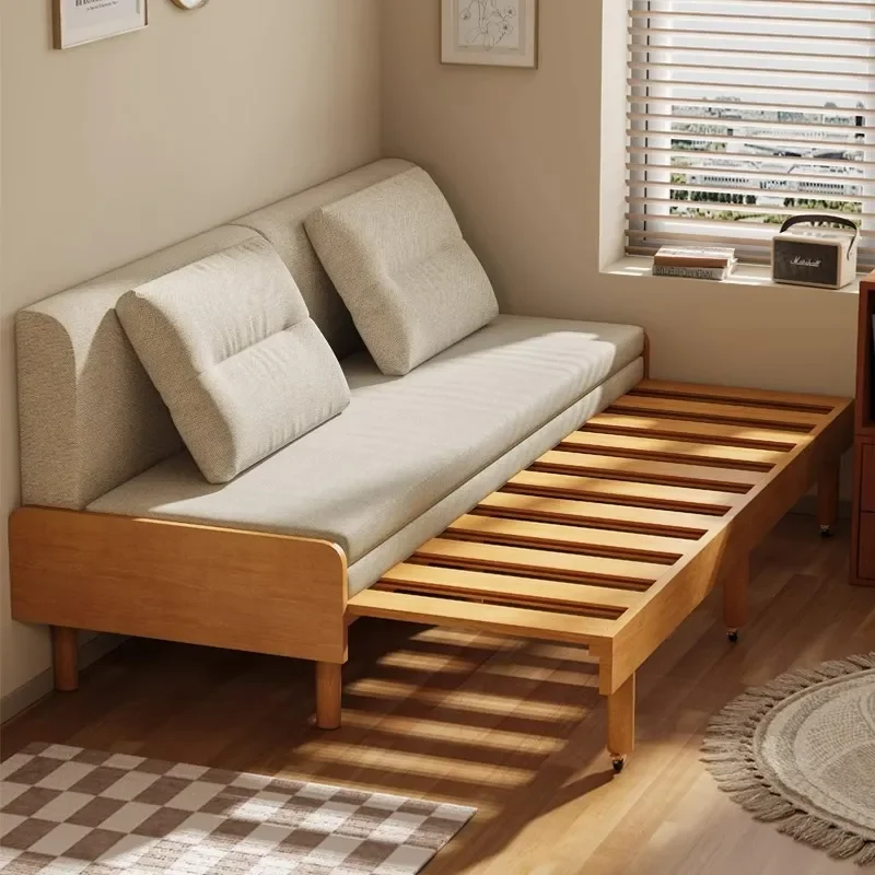 for Telescopic Bed Small Apartment Study Folding Sofa Bed Solid Wood Dual Purpose Double Single Sitting and Lying Push Pull