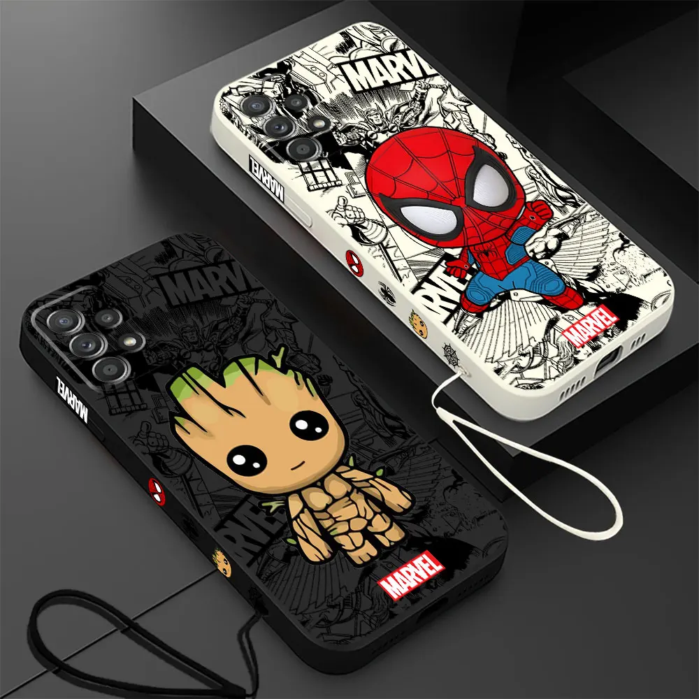 Cover liquida quadrata Marvel spiderman Groot custodia per telefono per Samsung Galaxy A50 A05S A20 A03 A51 A20s A02s A71 4G A10 A04 A70