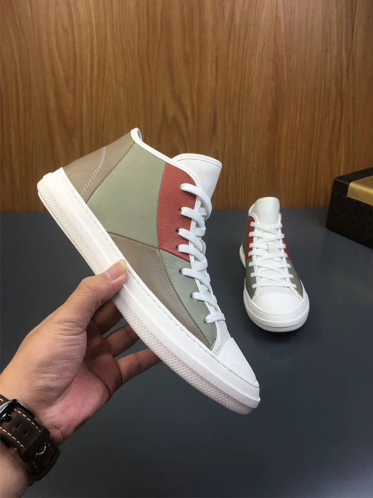 Spring and Autumn New Men's Casual Sports Shoes Round Head High Top Leather Matching Color Board Shoes