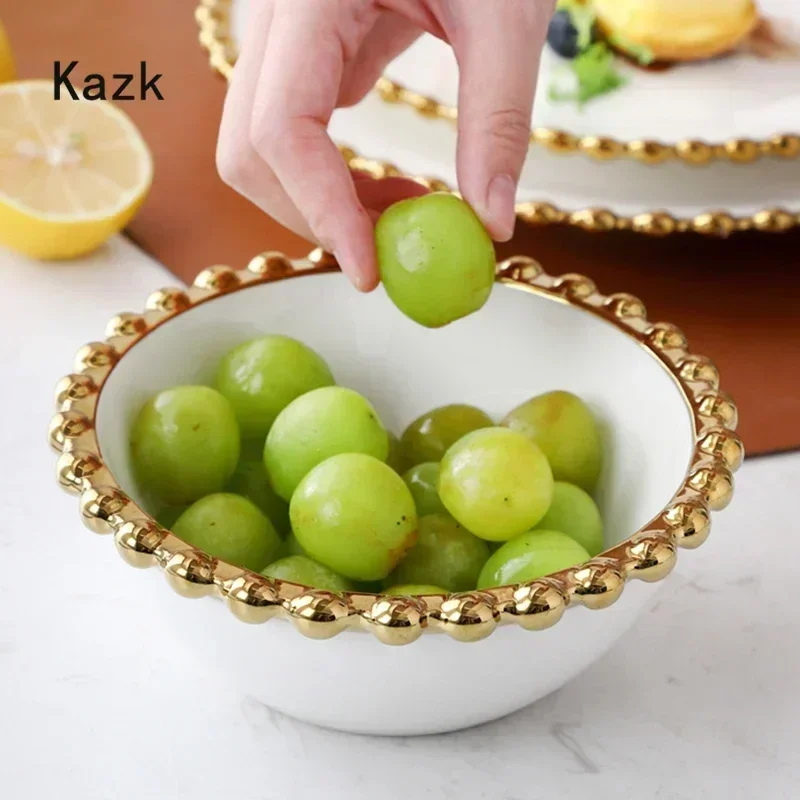 Creative Golden Beaded Side Dinner Plate Nordic Ceramic Plates and Bowls Spaghetti Dishes Dessert Salad Dish Western Tableware