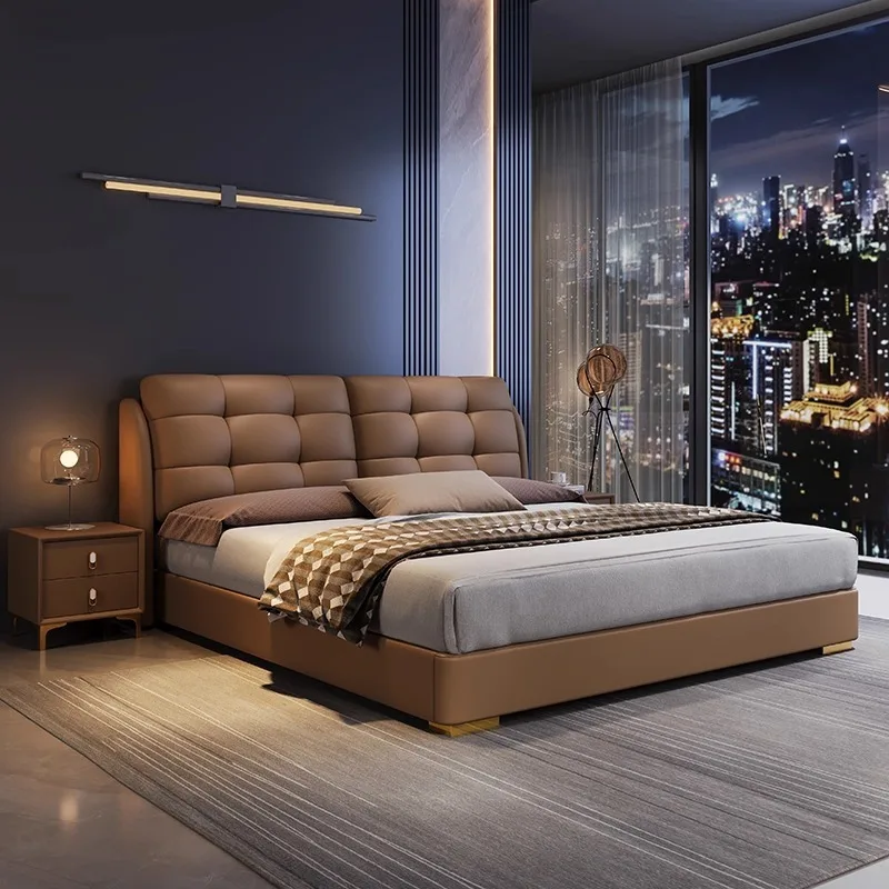 Italian light luxury leather bed modern simple soft bag with side master bedroom soft bag wedding bed