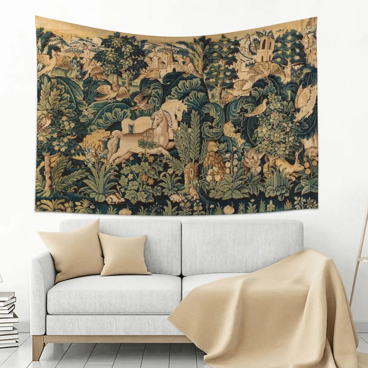 

FANTASTIC ANIMALS AND HORSES IN WOODLAND Blue Green Ivory Antique French Tapestry