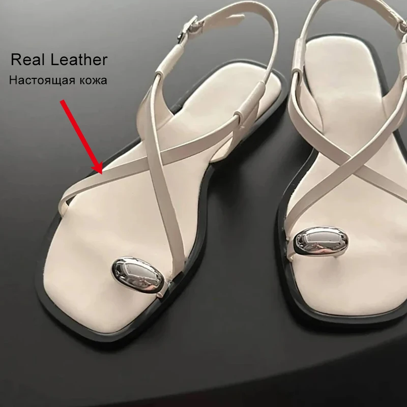 JOZHAMTA Size 35-43 Women Flat Sandals Real Leather Flip Flops Low Heels Summer Shoes 2025 Casual Beach Daily Home Outdoor Dress