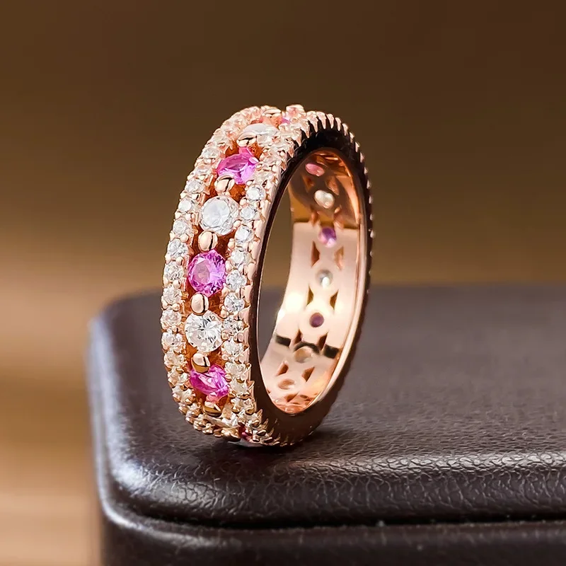 Popular S925 Silver Ring in Europe and America Instagram Women's Red Corundum Intercolor Ring with Rose Gold Plating