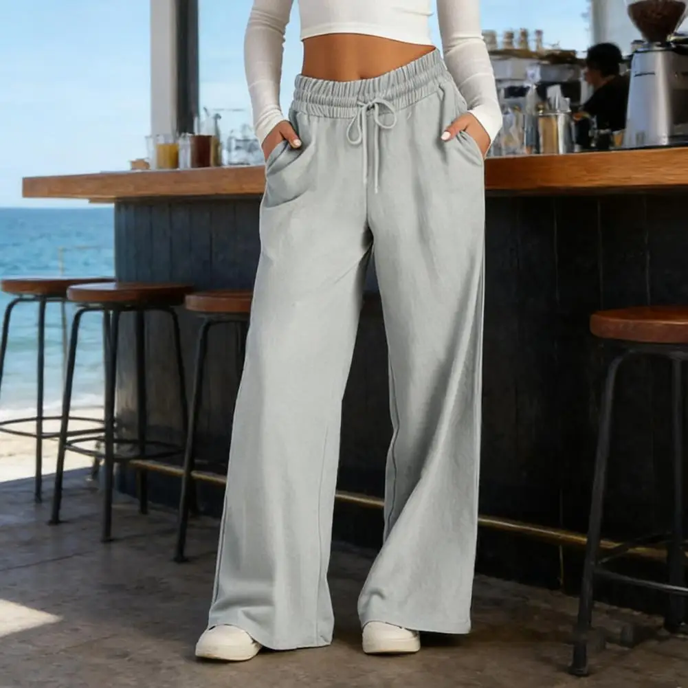 Women Pants Elastic Waist Adjustable Drawstring Straight Wide Leg Trousers with Pockets Pure Color Casual Pants Work Travel Dail