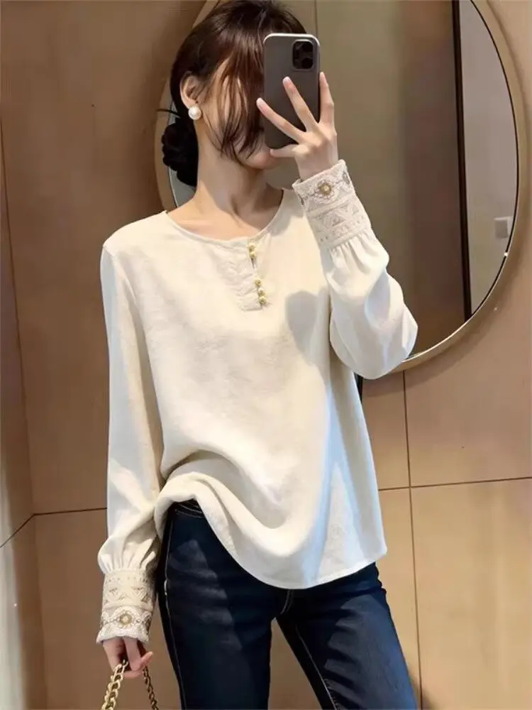 

Elegant Long Sleeve round Neck Shirt Women's Lazy Style Spring Design Slimming Age-Defying Korean Loose Fit Breathable Top