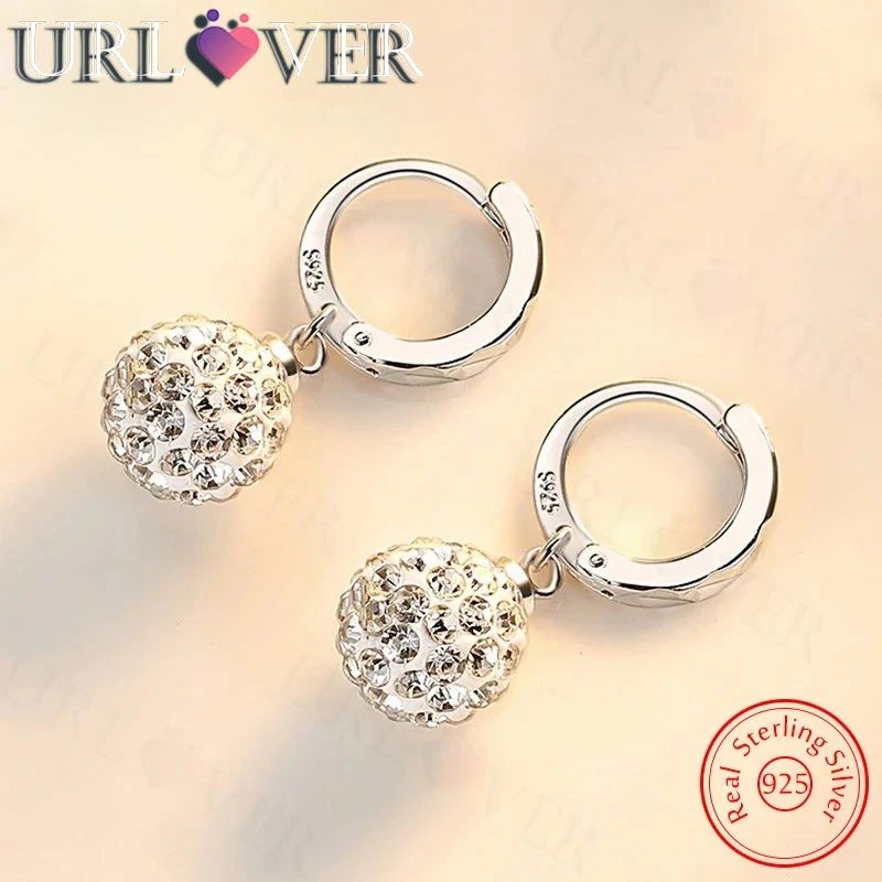 

URLOVER 925 Sterling Silver New Crystal Zircon Shambhala Beads Drop Earrings Lady's Fashion Charm Party Wedding Jewelry Gift