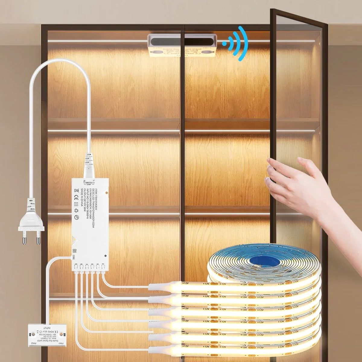 220V EU Smart Door Open Sensor Switch COB LED Strip Light Tape Integrated Lighting For Showcase Cabinet Closet Cupboard Wardrobe