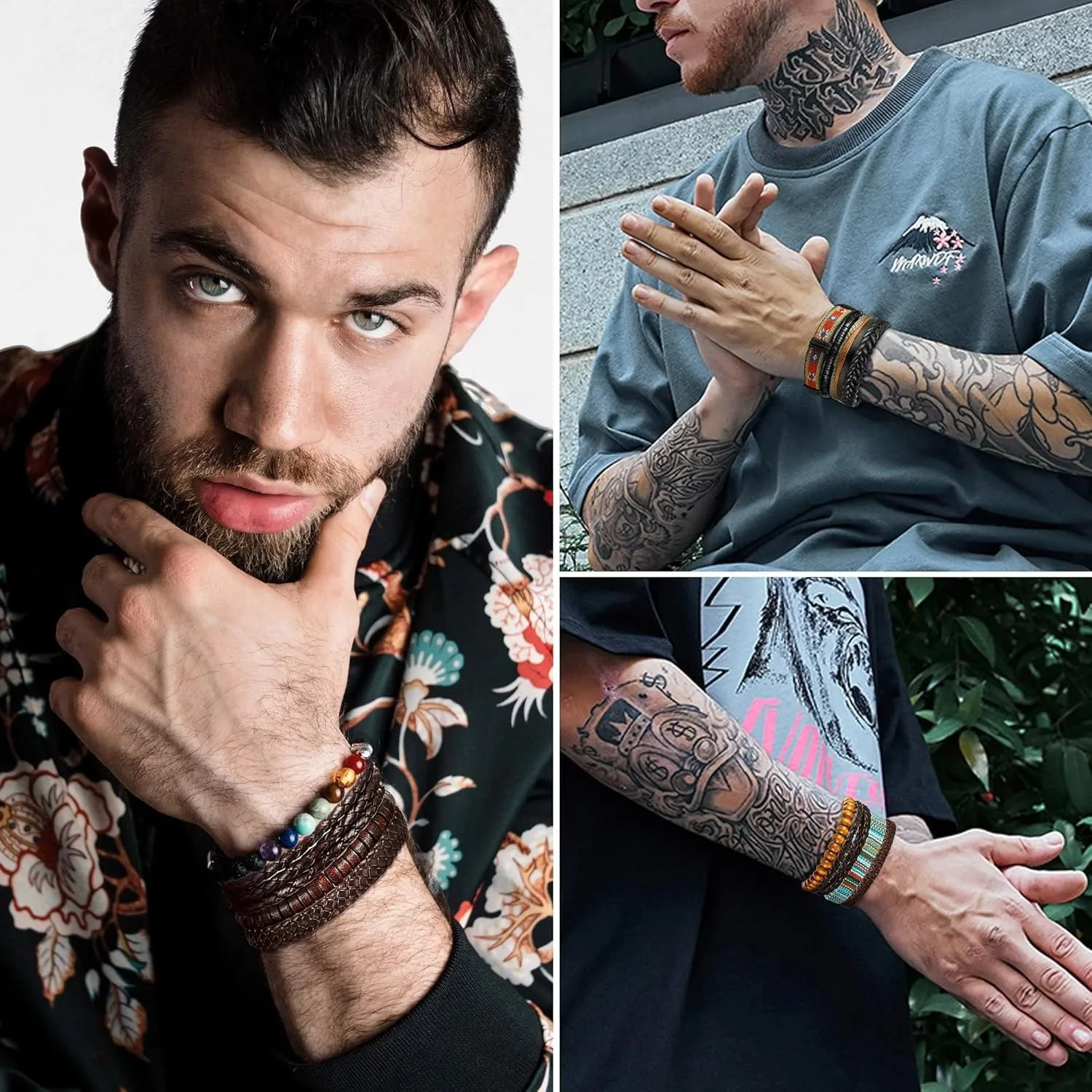 31 قطعة أساور جلدية مضفرة للرجال النساء الخرز الخشبي كول القنب القبلية الأساور الكفة الشرير أساور متعددة الطبقات #5