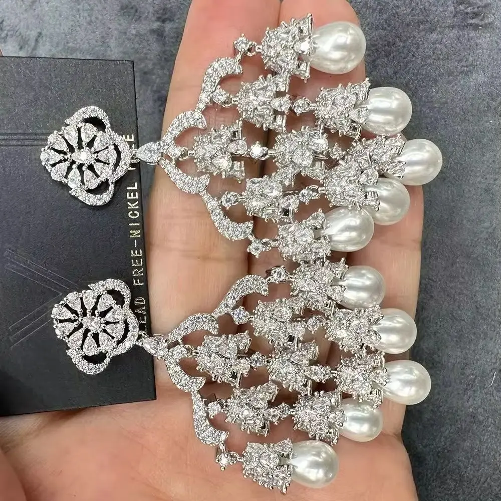 

Missvikki New Romantic Pearls Dangle Earrings Full Cubic Zirconia for Women Wedding Cute Summer Trendy Earrings High Quality