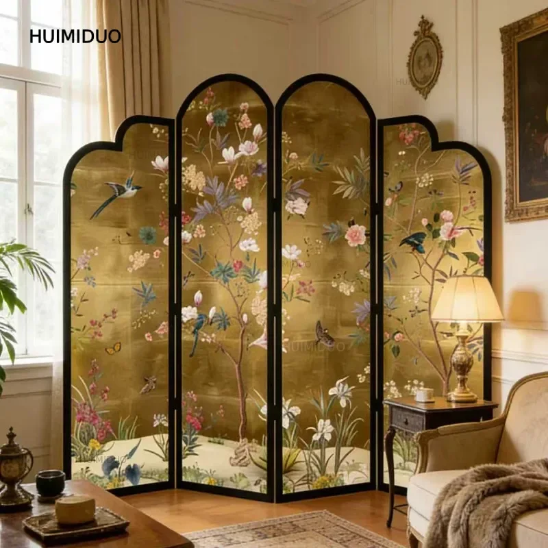 French medieval solid wood screen partition living room foldable mobile folding screen hotel bed and breakfast background wall