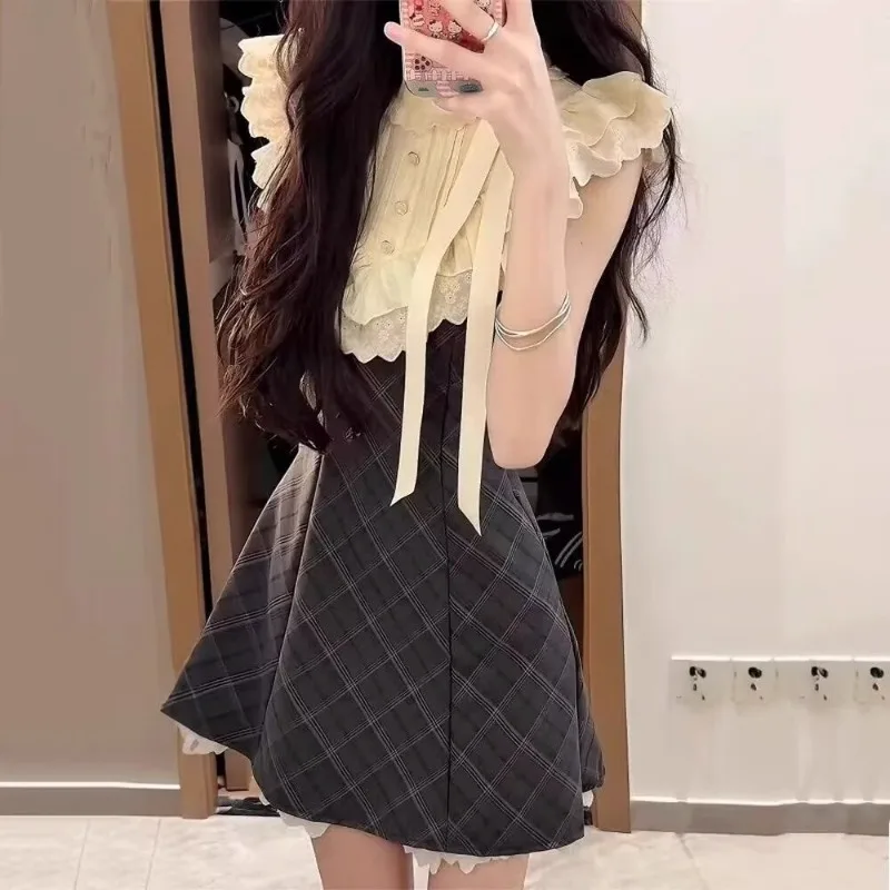 Summer New Womans Clothes French Style Retro Bow Plaid Temperament Slimm Chic Design Dress for Women Streetwear Vintage Dresses