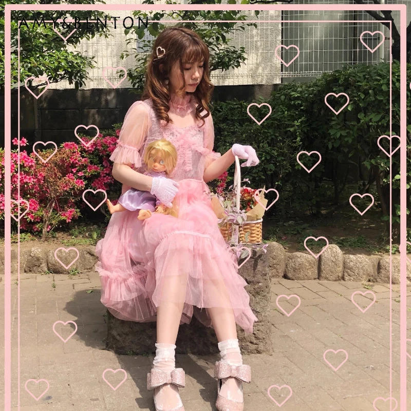 

Original Design Bow Heavy Industry Bubble Sleeve Women's Blouse Summer New Sweet Pink Splicing Lace Transparent Dresses Ladies