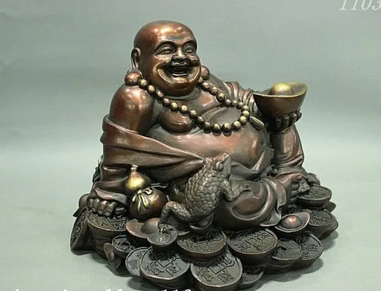 China Buddhism Bronze Wealth Coin Toad Happy Maitreya Buddha Statue