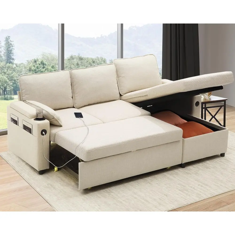 

2-in-1 Sectional Sleeper Sofa with Storage, USB & Cup Holders (Beige)