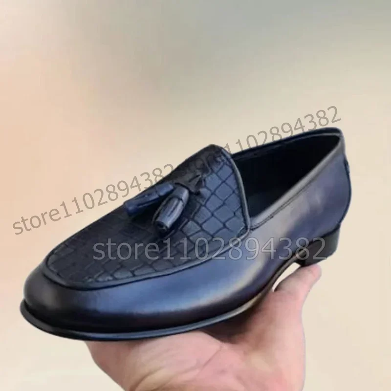 

Black Geometric Print Tassels Decor Loafers Fashion Slip On Men Shoes Luxurious Handmade Party Banquet Office Men Casual Shoes