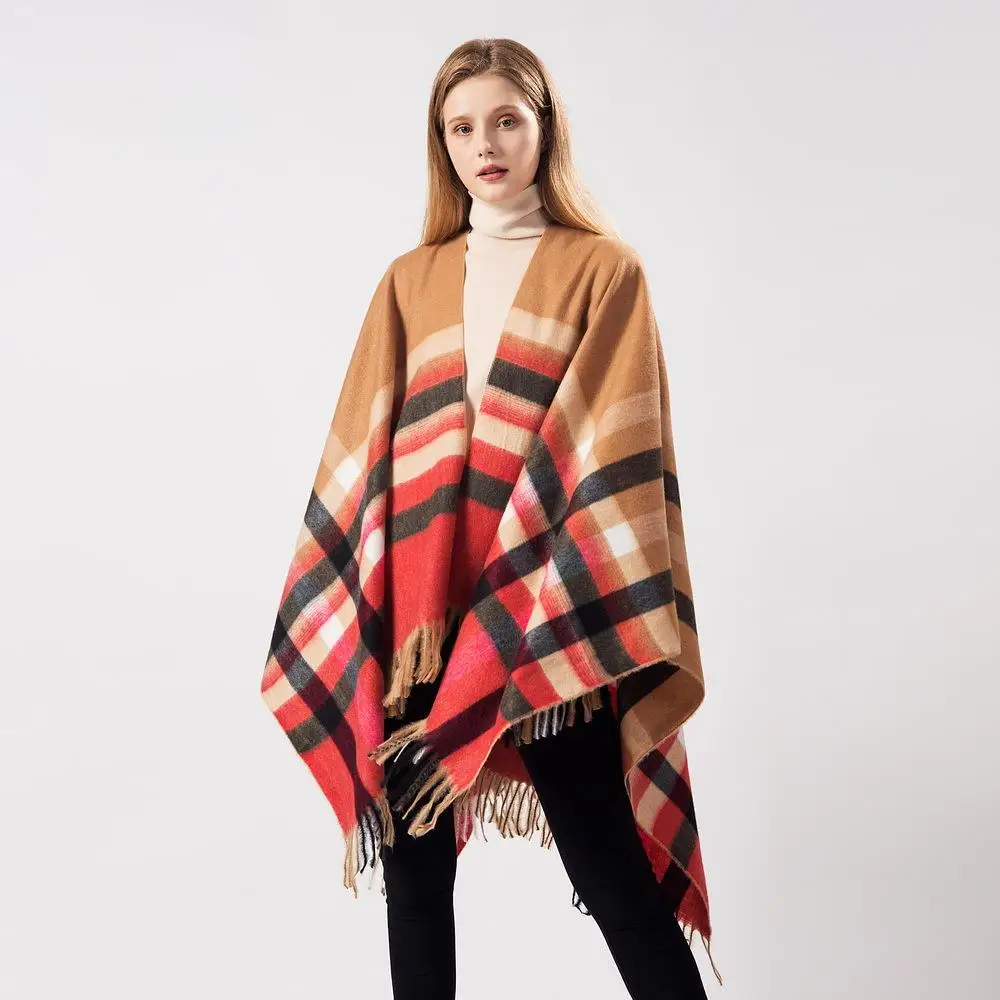 

Ladies Plaid Scarf Autumn Winter Warm Faux Fur Tassel Versatile Fashionable Shawl/Cape Two-In-One Stylish Cozy Wrap