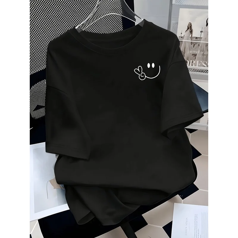 Ladies Cartoon Print/Peace Sign T-Shirt/Fashion Sports Casual/Crew Neck Short Sleeve Sweatshirt