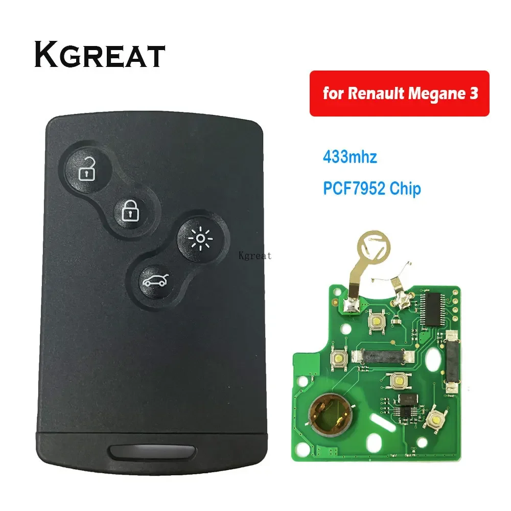 

kgreat 5pcs 4 button remote key card keyless smart key 433mhz PCF7952 chip 7952 chip for renault megane 3 Megane III