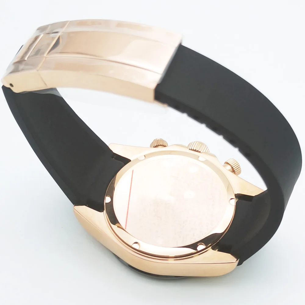 Rose gold VK63 Watch 39.5MM Quartz Chronograph watch+Rubber Strap Sapphire Glass Three Eyes Quartz Movement