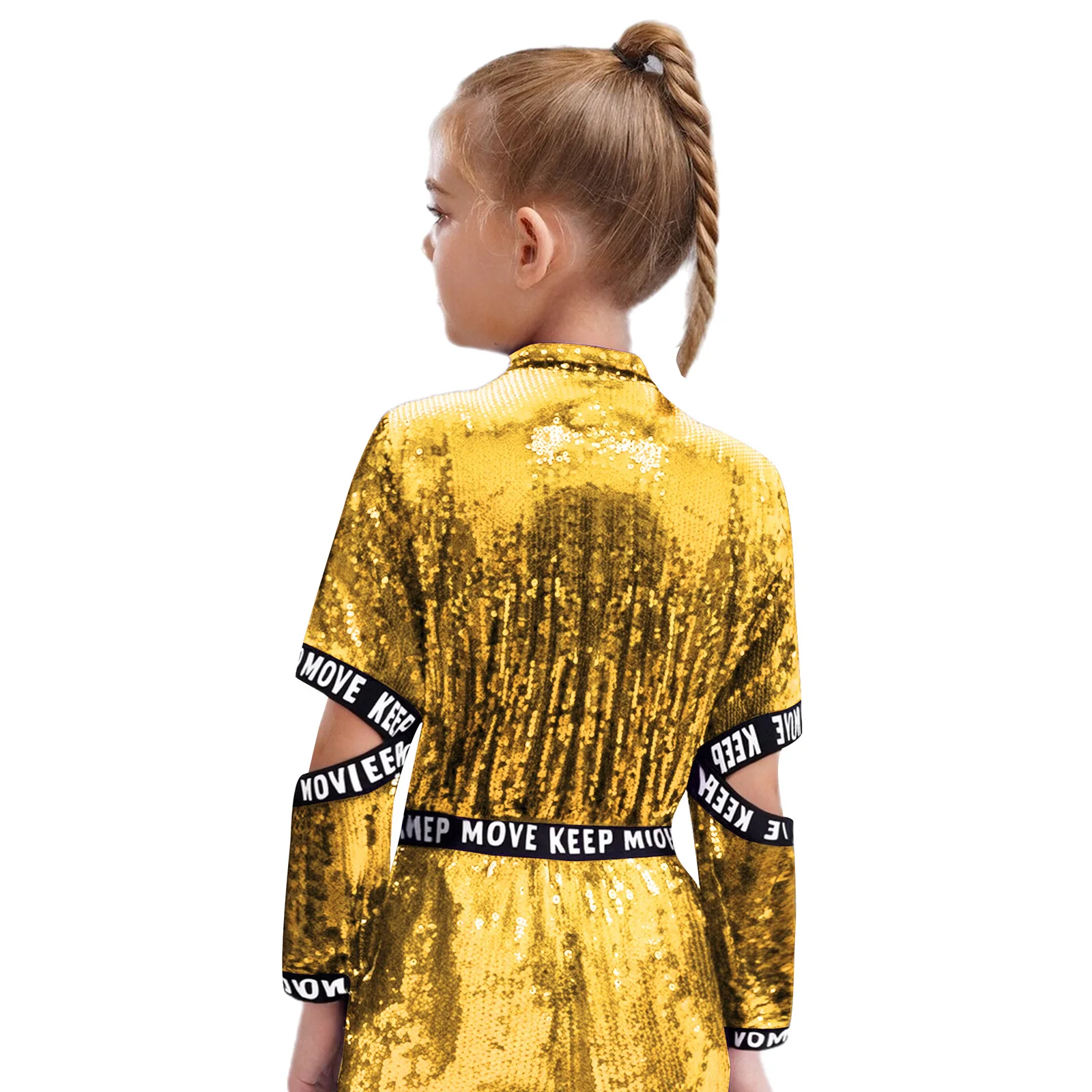 Crianças meninas hip-hop jazz dança topos palco desempenho traje recorte mangas carta impressa elásticos jaqueta de lantejoulas outerwear