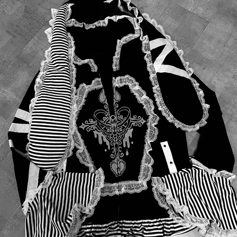 Japanese Original Subculture Warm Cartoon Ear Tie Sweatshirt Hot Girl Cute Lace Zipper Long Sleeved Loose Hoodies Jacket Ladies